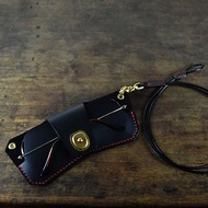 義大利協會認証植鞣革黑色手縫眼鏡套/眼鏡盒/眼鏡包含牛皮掛繩