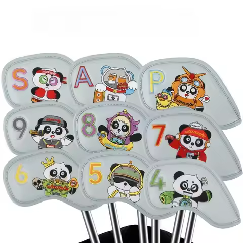 9pc Set Golf Cover Embroidered Panda Pattern Golf Iron Headcovers Premuim PU Club Head Protective Co