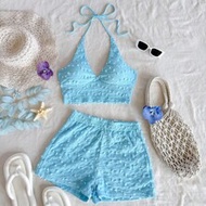 WYWH ชุด 2 ชิ้น/เซ็ต สำหรับผู้หญิงช่วงฤดูร้อน ชุดพักผ่อน ชุดชายหาดสีขาวลายจุด ผ้าถักลาย V-neck แบบคอ