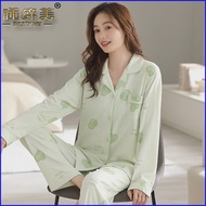 Women's Spring Long Sleeve Knit Cotton Sleepwear Casual Fashionable Creased Fabric Lapel Homewear Pa