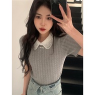 New Korean Women's Solid Lace Polo Neckline Hollow out Embroidered Knitted Short sleeved T-shirt Top
