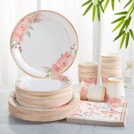 1 bộ đồ ăn dùng một lần thiết kế hoa và lá xanh giả giấy bạc, đĩa tiệc và khăn ăn hoa và lá xanh giả