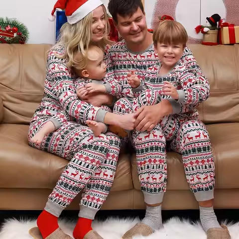 Family Christmas Pajamas Set Allover Print Sleepwear Full Sleeve O Neck 2 Pieces Suit Mom Dad Kids M