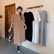 Women's Dresses Summer Plus Size Short Sleeved Casual Dress Loose Solid Color Midi Dresses Slit T-Shirt Dress