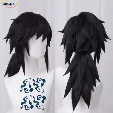 High Quality Tomioka Giyuu Cosplay Wig Cosplay Black Pigtail Heat Resistant Synthetic Hair Anime Wig