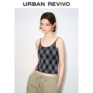 Argyle Plaid Cami Top Henley Button Front Slim Cropped Spaghetti Strap Knit Tank Top