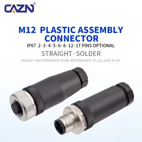 IP67 M12 Sensor Connector 2/3/4/5/6/8 Pins Solder Plastic Assembled Plug A/B/C/D Code Brass Contacts