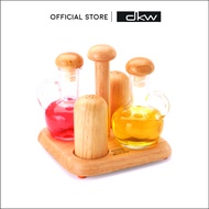 DKW GW-619 ชุดขวดซอสปรุง มีหูจับ และขวดเกลือพริกไทย พร้อมฐานไม้ยางพารา (ล็อตใหม่)