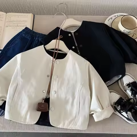Japanese Children's Clothing Boys' Jacket Spring and Autumn 2025 Pure Cotton Round Neck Rice White J