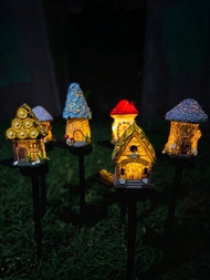 1入外置太陽能卡通蘑菇屋形地面插入式草坪燈led花園裝飾燈,智能光控,多種顏色,由樹脂材料製成