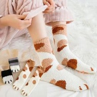 冬季加厚珊瑚絨襪子女可愛貓爪腳印成人睡眠襪加絨保暖地板女襪