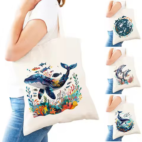 Whale Ocean Dolphin Lady Shop Tote Bag Lightweight Sea Life Girl Shopping Satchel Double Print Shark