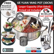 [SG Stock] WOODLES Large 6L 30cm Yuan Yang Dual Steamboat Induction Hotpot 304 Stainless Steel Pot★Glass Lid