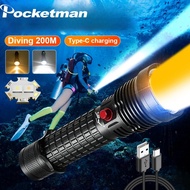 High Bringhtiness amphibious flashlight professional night diving lighting 30W LED white light+yello