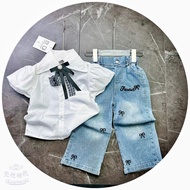[MeoKids] D92 - Balloon Sleeve Shirt Set with Bow and Pretty Embroidered Jeans