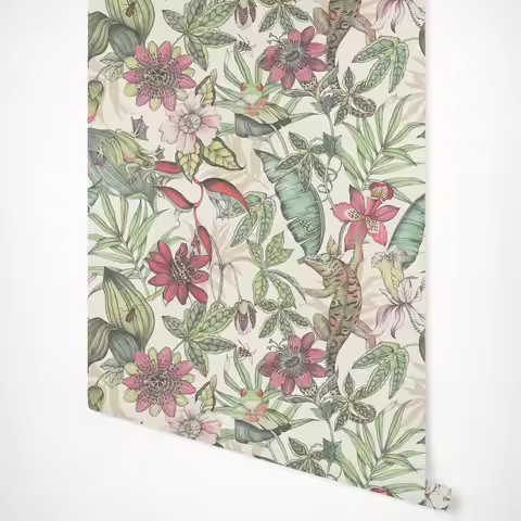Rainforest Wallpaper with local frog climb over lush flowers and foliage in a cream & multi coloured