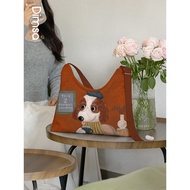 mini recycle bag foldable travel foldable bag Korean Style Oil Painting Puppy Artistic Retro Canvas 