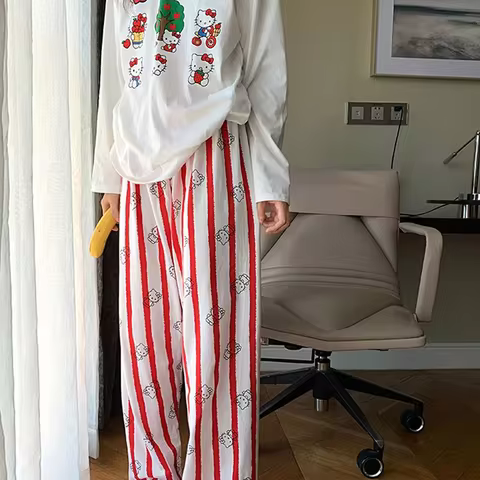 Sanrio New Hello Kitty Kawaii Pajamas Set Long Sleeves Trousers Cotton Girls Pajamas Summer Long Sle