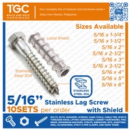 TGC 10PCS 5/16 x 1 1/4~4in. STAINLESS Lag Screw with Expansion Shield | SUS Lagscrew with Shield Expansion | Anchor Bolt for Concrete SS304 | Hollow Wall Anchor SS Lagscrew