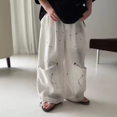 Children's Design Pants Spring and Summer 2025 Boys' Spray Painting Dirty Design Girls' Loose Cargo 