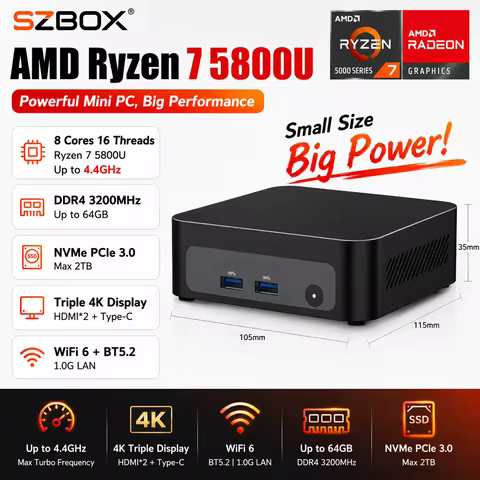 SZBOX Mini PC AMD Ryzen 7 5800U 8 Cores 16 Threads Gaming Computer DDR4 NVMe PCIe 3.0 Triple Display
