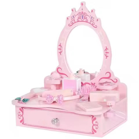 Vanity Set for Kids, Toddler Tabletop Beauty Salon Play Set w Accessories amp Drawer, Princess Makeu
