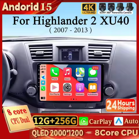 Android 15 For Toyota Highlander 2 XU40 2007 - 2013 Carplay Auto 2K Screen Car Radio Multimedia Play