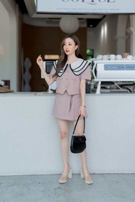 V291 เซทเสื้อคอปก 3 ชิ้น กางเกงป้ายหน้า ผ้าทอ สีน้ำตาล