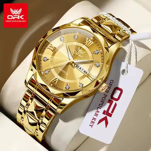 OPK Brand men's steel strap quartz watch dual calendar waterproof night light 6023