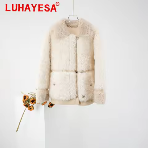 2025 Bazaar Fur Shearling Coat, Women Beige Real Thicken Fur Clothes