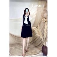 Váy bầu công sở cổ buộc nơ thu đông dài tay B07