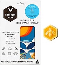 Honeybee Beeswax Wraps - Kitchen Starter Pack with Wax Replenish Block - Certified Organic Cotton Beeswax Wrap - Reusable Beeswax Food Wrap - 3 Pack - Small, Medium &amp; Large