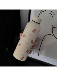 1pc 500ml/17oz Stainless Steel Vacuum Insulated Water Bottle With Bowknot Heart Bear Design, Thermal