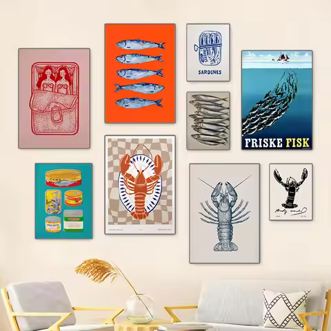 Colourful Sardines Lobster Fish Marine Animal Poster Painted Modern Abstract Canvas Painting Nordic 