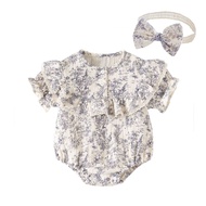 [Uzfkids] Ink Print Baby Onesie/Newborn Cotton Yarn Onesie+Hair Band/Baby Girl Onesie/Baby Onesie
