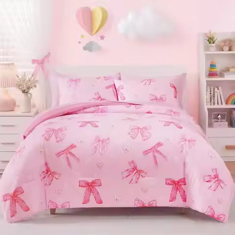 Twin XL Comforter Set for Girls, Blush Pink Bow Heart Bedding, 5 Piece Bed in a Bag with Sheets and 