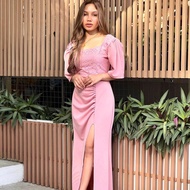 Carnation Modern Filipiniana Maxi Dress – Semi Puffed Sleeves Side Slit Modest Bodycon Gown by Lachi
