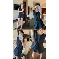 Y JIA 9090 Women's Jeans Set Includes Buttoned Waistcoat with Bow Tie and Active Shorts (Size S/M)
