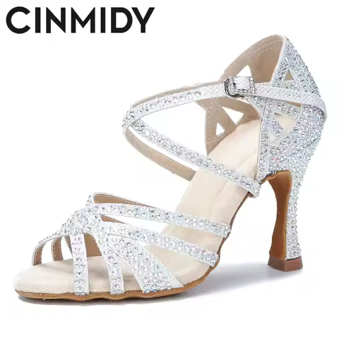 CINMIDY Satin Glitter Dance Shoes Women Rhinestone Latin Dance Shoes Ballroom Dance High Heels Party