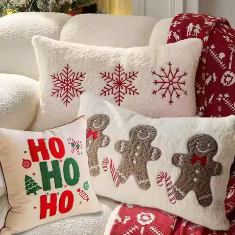 Christmas Pillowcase Gingerbread Man Snowflake Embroidery 'HOHOHO' Decorative Cushions Pillow Case 3