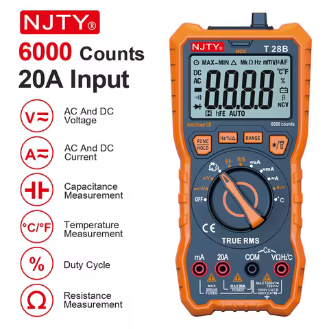 NJTY T28B Digital Multimeter 20A TRMS 6000 Counts Voltage Amp Resistance Diodes Continuity Duty-Cycl