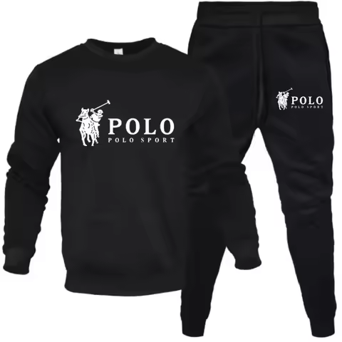 Men's Polo Sport Two-Piece Set - Black Round-Neck Sweatshirt and Cuffed Joggers Casual Sports Fashio