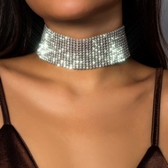 Indah berlian buatan rantai yg mencekik kalung bergaya seksi lebar tepi aluminium Mesh kolar kalung perhiasan parti wanita