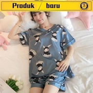 baju tidur dewasa pyjamas satin baju tidur satin Piyama Wanita Musim Panas Sutera Ais Seksi Versi Korea Nipis Lengan Pendek Dua Helai Musim Panas Wanita Seluar Pendek Saiz Besar Pakaian Rumah