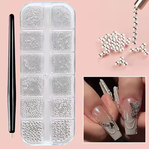 12 Grids Mini Caviar Beads Nail Art Charms 3D Metal Gold Silver Steel Ball (0.4mm-1.5mm) Nail Parts 