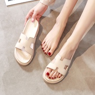 Selipar Kulit Tulen Hong Kong untuk Wanita, Sandal Gelongsor Luaran Kulit Lembu Penuh, Gaya Baharu 2
