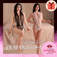 【40-65kg】Women Sexy Lace Transparent Lingerie Deep-V Nightwear Baju Seksi 情趣内衣性感透视睡衣女制服蕾丝网纱挂脖连体衣