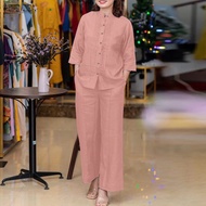ZANZEA Wome Autumn Autumn 2 Pieces Sets Outfits Three Quarter Sleeve O-Neck Tops Full Pant Sets Soli