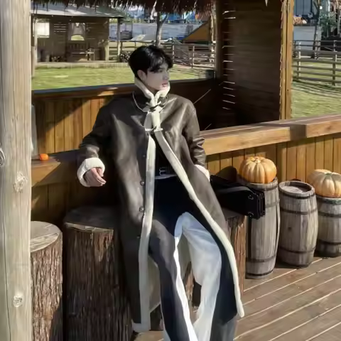 New Trend Warm Long Trench Coat Men's Winter Faux Fur Lined Jacket Thicken Warm Versatile Faux Fur C