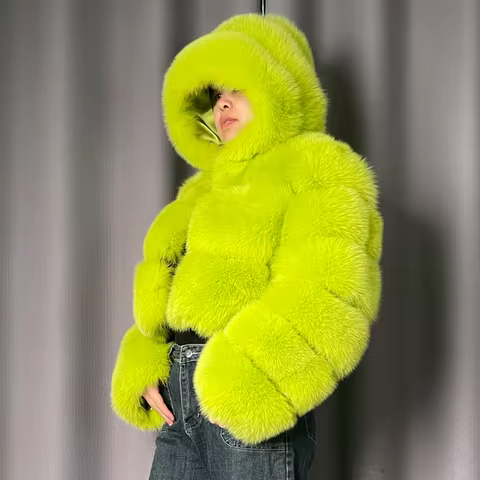 Winter Warm Real Fox Fur Crop Top Jacket Hooded Fluffy Soft Black Fur Fashionable Cozy Outerwear